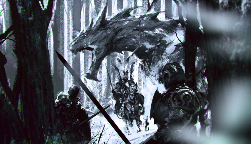 3others absurdres ambiguous_gender bare_tree dragon forest greyscale helm helmet highres holding holding_shield horse kalmahul knight monochrome multiple_others nature open_mouth original riding shield sitting snow tree winged_hussar