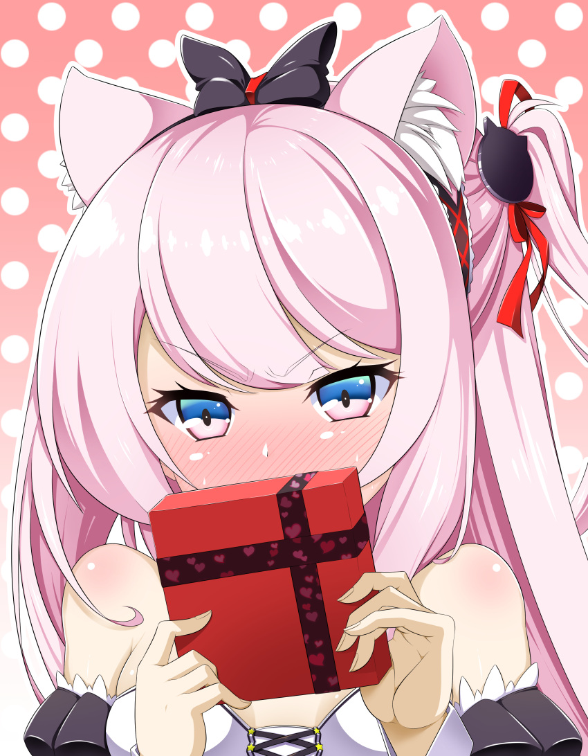 1girl absurdres animal_ears azur_lane bangs bare_shoulders blush bow box cat_ears cat_hair_ornament commentary_request covering_mouth detached_sleeves embarrassed eyebrows_visible_through_hair flat_chest gift gift_box grey_eyes hair_bow hair_ornament hair_ribbon hairband hammann_(azur_lane) highres holding holding_gift long_hair looking_at_viewer off_shoulder one_side_up polka_dot polka_dot_background retrofit_(azur_lane) ribbon sidelocks silver_hair simple_background solo valentine yuu_(user_ajkw3753)