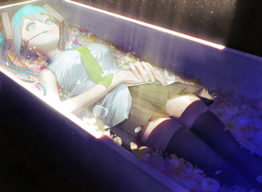 1girl absurdres aqua_eyes aqua_hair black_skirt breasts coffin feet_out_of_frame flower green_neckwear hands_together hatsune_miku highres long_hair lying medium_breasts microphone necktie on_back petals pleated_skirt red_flower shadow shirt skirt sleeveless sleeveless_shirt solo thigh-highs twintails vocaloid wakuwakumkg white_flower