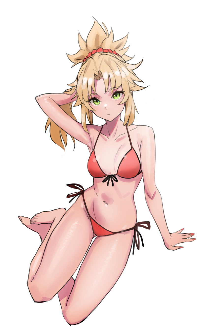 1girl absurdres arm_support ass_visible_through_thighs bikini blonde_hair breasts breasts_apart collarbone expressionless fate/grand_order fate_(series) front-tie_top green_eyes groin hand_in_hair highres kiritzugu looking_at_viewer mordred_(fate)_(all) mordred_(swimsuit_rider)_(fate) navel ponytail red_scrunchie scrunchie short_hair side-tie_bikini small_breasts solo swimsuit white_background