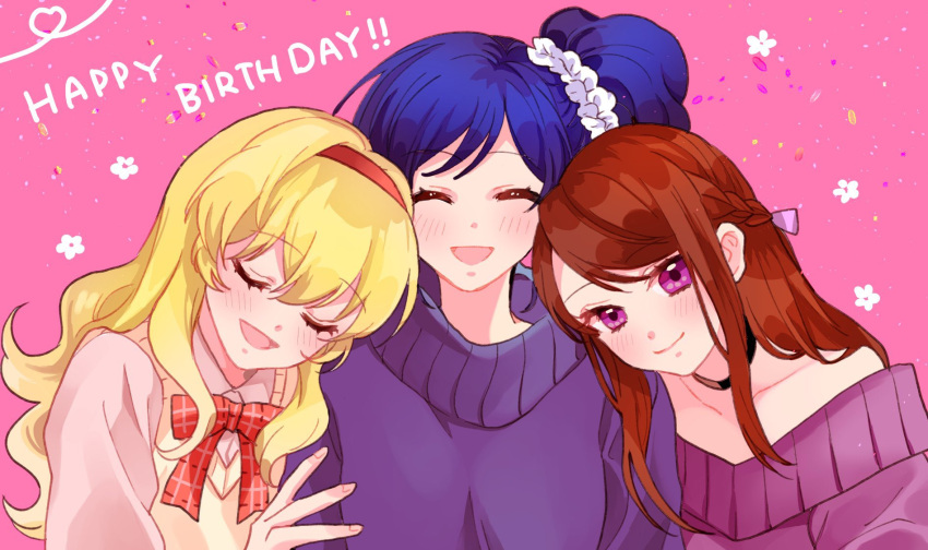 3girls :d ^_^ ^o^ aikatsu! aikatsu!_(series) birthday black_choker blonde_hair blue_hair blue_scrunchie blush bow bowtie braid brown_hair cardigan_vest choker closed_eyes closed_mouth commentary fashion floral_background flower_(symbol) french_braid girl_sandwich hair_bow hair_intakes hair_over_shoulder hairband hand_on_another's_arm happy_birthday head_on_another's_shoulder heart highres hoshimiya_ichigo kiriya_aoi leaning_on_person long_hair long_sleeves multiple_girls open_mouth orangechoco_ra petals pink_background pink_sweater purple_bow purple_sweater red_bow red_hairband sandwiched scrunchie shibuki_ran side-by-side side_ponytail sidelocks simple_background smile sweater turtleneck turtleneck_sweater upper_body vest violet_eyes yellow_vest