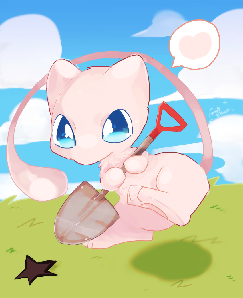 absurdres animal_crossing animal_focus artist_name banchiku blue_eyes blue_sky clouds commentary_request day floating gen_1_pokemon grass happy heart highres holding holding_shovel legendary_pokemon mew mythical_pokemon no_humans outdoors pawpads pokemon pokemon_(creature) shovel signature sky spoken_heart
