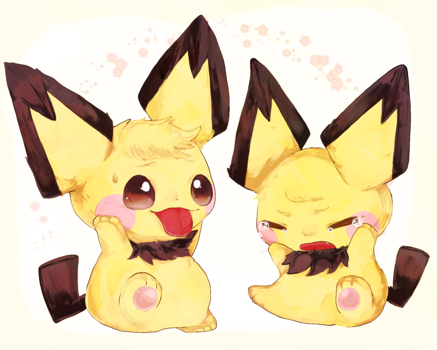 :3 animal_focus banchiku bangs blush_stickers brown_eyes closed_eyes closed_mouth commentary_request crying fang full_body gen_2_pokemon hands_on_own_cheeks hands_on_own_face highres looking_at_another no_humans open_mouth pawpads pichu pokemon pokemon_(creature) sitting smile sweat swept_bangs tears tongue tongue_out