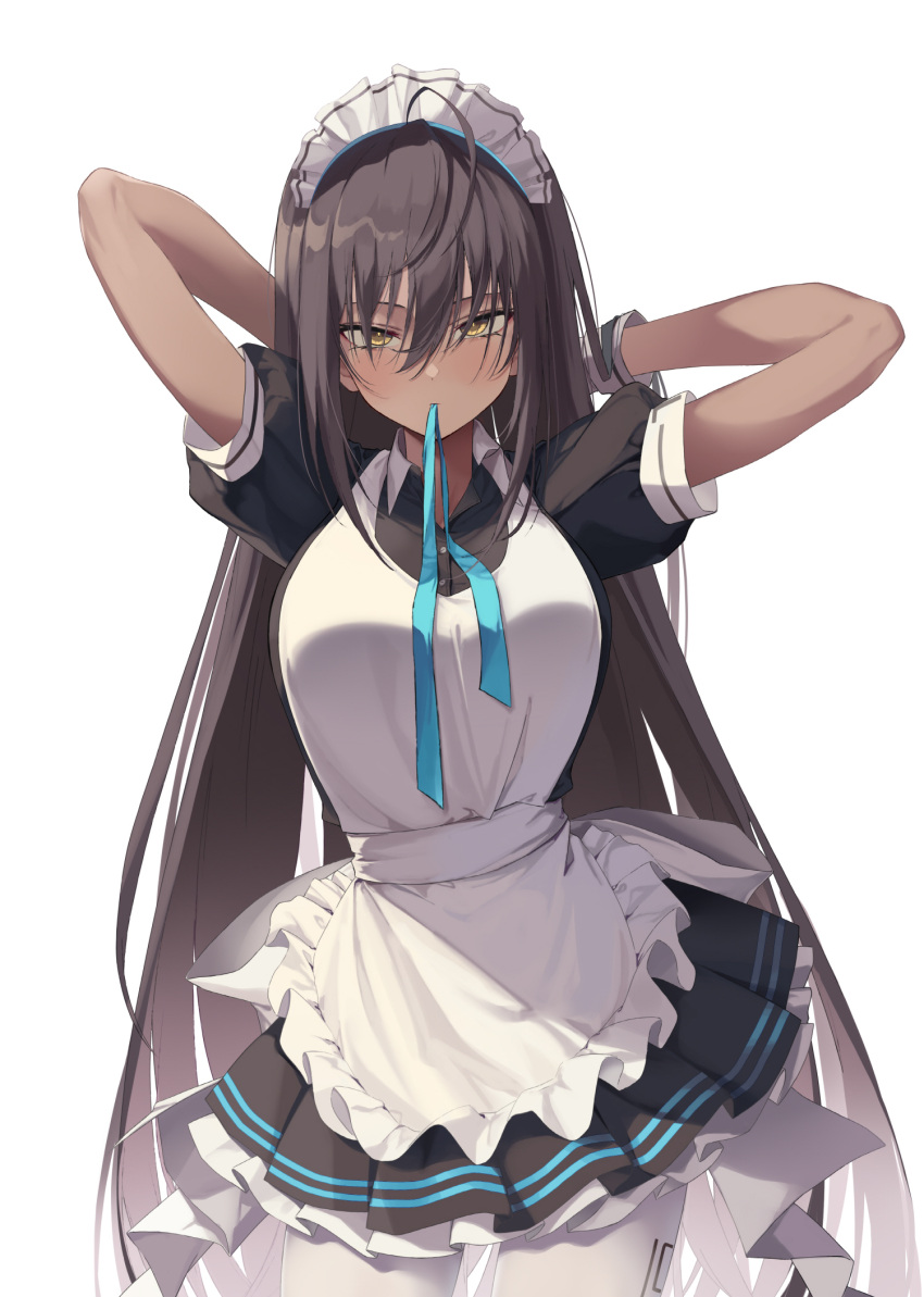 1girl ahoge apron arms_behind_head arms_up black_dress blue_archive blue_neckwear blue_ribbon breasts brown_hair closed_mouth cowboy_shot dark-skinned_female dark_skin dress expressionless hair_over_eyes highres karin_(blue_archive) large_breasts light_blush long_hair looking_at_viewer maid_apron maid_headdress mouth_hold pantyhose petticoat puffy_short_sleeves puffy_sleeves ribbon short_sleeves simple_background solo soya_(torga) standing tsurime very_long_hair white_apron white_background white_headwear white_legwear wrist_cuffs yellow_eyes