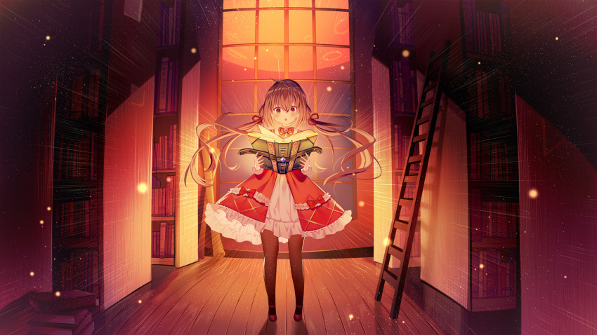 1girl :o bangs black_legwear book bookshelf bow brown_hair commentary_request dress eyebrows_visible_through_hair full_moon hair_between_eyes hair_ribbon highres holding holding_book ikari_(aor3507) indoors ladder long_hair moon open_book original pantyhose parted_lips red_bow red_dress red_eyes red_footwear red_ribbon ribbon shoes solo twintails very_long_hair window wooden_floor