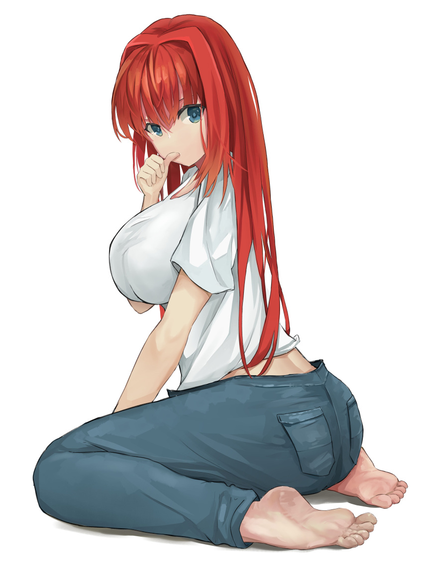 1girl absurdres aozaki_aoko ass barefoot blue_eyes blue_pants breasts dddm denim from_behind full_body hair_intakes highres impossible_clothes impossible_shirt jeans large_breasts long_hair looking_at_viewer melty_blood on_floor pants redhead shirt sitting soles solo t-shirt thumb_sucking toes tsukihime turning_head wariza white_background