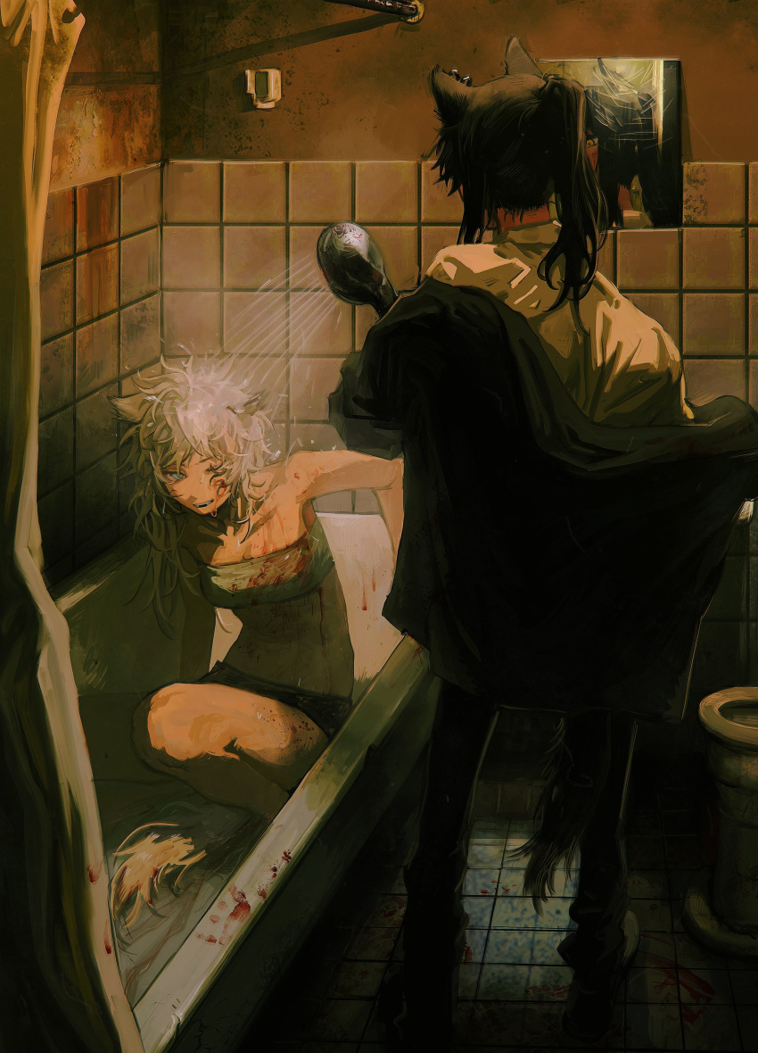 2girls absurdres animal_ear_fluff animal_ears arknights bangs bathroom bathtub black_jacket blood blood_on_face blood_stain bloody_clothes deatiose hair_between_eyes hair_ornament highres jacket lappland_(arknights) long_hair long_sleeves mirror multiple_girls ponytail scar scar_across_eye shorts shower_head silver_hair texas_(arknights) toilet wolf_ears yellow_eyes