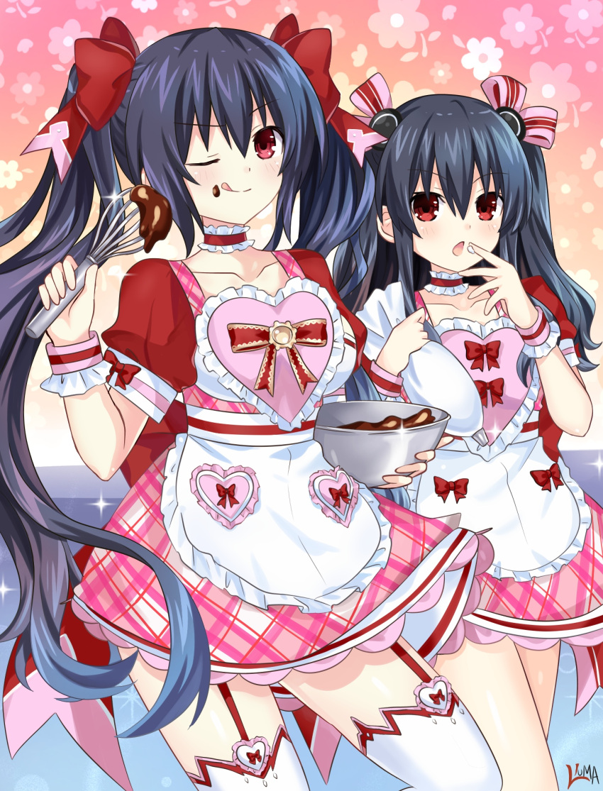 2girls bangs black_hair bowl breasts chocolate chocolate_on_face collar collarbone dress eyebrows_visible_through_hair food food_on_face frilled_collar frills garter_straps hair_between_eyes hair_ornament hair_ribbon highres holding holding_bowl holding_whisk lewdkuma long_hair looking_at_viewer medium_breasts mixing_bowl multiple_girls neptune_(series) noire open_mouth pastry_bag red_dress red_eyes ribbon sidelocks signature small_breasts smile thigh-highs tongue tongue_out twintails uni_(neptune_series) whisk wrist_cuffs zettai_ryouiki