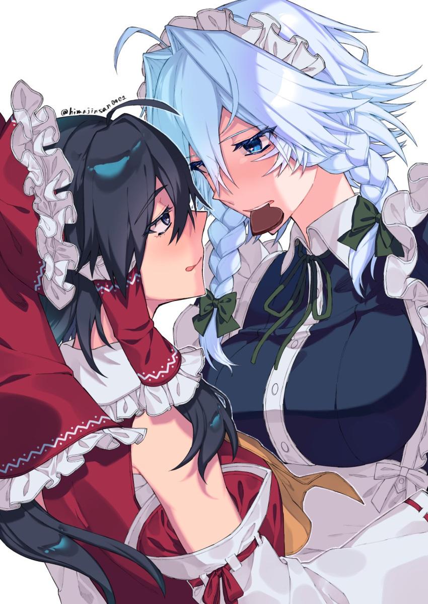 2girls ahoge black_hair blue_eyes blush bow braid candy chocolate chocolate_heart commentary_request detached_sleeves eye_contact face-to-face food grey_eyes hair_bow hair_tubes hakurei_reimu heart highres himadera izayoi_sakuya long_hair looking_at_another maid_headdress mouth_hold multiple_girls red_bow red_ribbon ribbon ribbon-trimmed_sleeves ribbon_trim silver_hair touhou twin_braids twitter_username valentine yuri