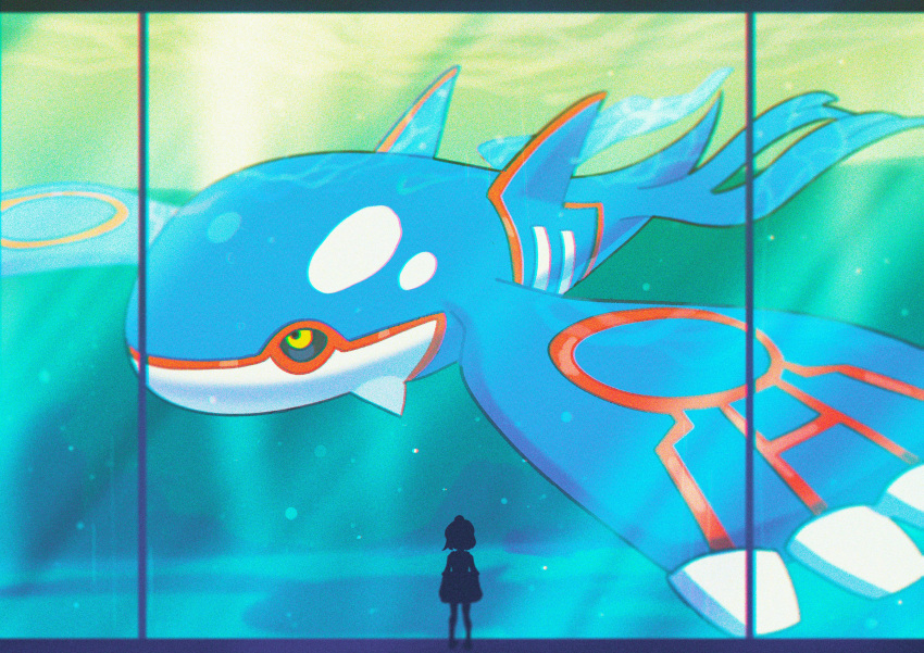 1girl absurdres aquarium black_sclera blurry colored_sclera commentary_request film_grain gen_3_pokemon glass highres kyogre legendary_pokemon pokemon pokemon_(creature) saiku_(zvlku) silhouette standing water_surface yellow_eyes