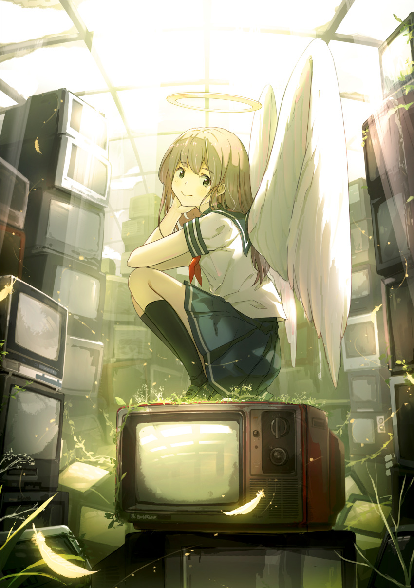 1girl absurdres angel angel_wings blouse brown_hair commentary crt eyebrows_visible_through_hair falling_feathers green_eyes halo hand_on_own_face highres huge_filesize kneehighs long_hair neckerchief original overgrown plant pleated_skirt sailor_collar school_uniform serafuku skirt skylight smile solo spotlight squatting sunlight television uniform widea7 wings