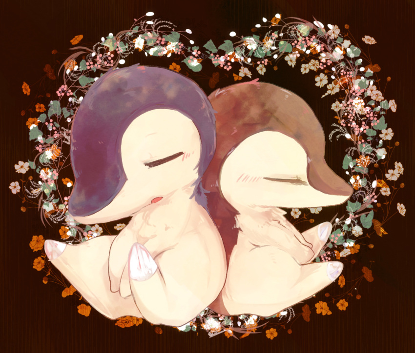 alternate_color animal_focus back-to-back banchiku blush brown_background closed_eyes commentary_request cyndaquil flower full_body gen_2_pokemon no_humans open_mouth orange_flower pink_flower pokemon pokemon_(creature) shiny_pokemon sideways_mouth sitting sleeping white_flower