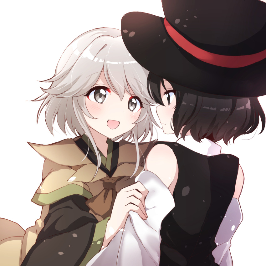 2others androgynous black_hair blush brown_coat coat detached_sleeves enraku_tsubakura eye_contact face-to-face hat highres houlen_yabusame large_hat len'en looking_at_another multiple_others ougi_hina short_hair short_hair_with_long_locks silver_hair smile top_hat