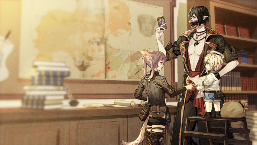 1boy 1girl 1other androgynous animal_ears black_hair blonde_hair blue_eyes book book_stack bookshelf boots cat_ears cat_girl cat_tail cika_k closed_mouth coat commentary covered_mouth elezen elf extra_ears fictional_persona final_fantasy final_fantasy_xiv hand_up hat height_difference highres holding indoors jewelry ladder lalafell long_sleeves looking_at_another looking_at_object map mask medium_hair miqo'te mouth_mask open_mouth orange_eyes pants pectorals pendant pointy_ears pouch purple_hair shirt shoes short_hair short_sleeves shorts sidelocks socks standing stepladder stomach symbol_commentary tail thigh-highs thigh_boots thigh_strap toned toned_male twintails violet_eyes