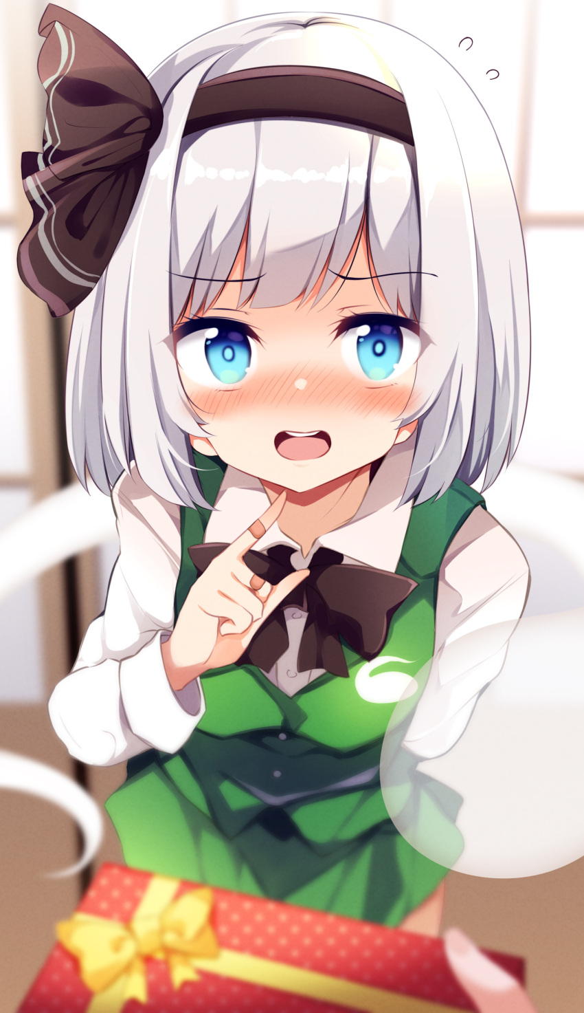 1girl absurdres blue_eyes blurry blurry_foreground commentary_request depth_of_field highres konpaku_youmu looking_at_viewer maturiuta_sorato silver_hair solo_focus touhou valentine