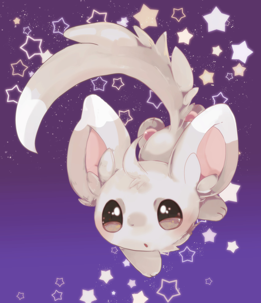 animal_focus banchiku black_eyes blush commentary_request floating full_body gen_5_pokemon gradient gradient_background highres light_blush minccino no_humans open_mouth pawpads pokemon pokemon_(creature) purple_background solo star_(symbol) star_in_eye starry_background symbol_in_eye