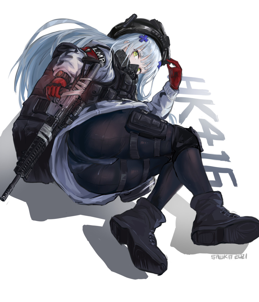 1girl absurdres ass assault_rifle backpack bag boots character_name commentary fang_hk416_(girls_frontline) gas_mask girls_frontline gloves green_eyes gun h&amp;k_hk416 hair_ornament helmet highres hk416_(girls_frontline) last_man_battalion long_hair long_sleeves looking_at_viewer lying military official_alternate_costume on_side panties panties_under_pantyhose pantyhose red_gloves rifle rogue_division_agent sawkm1 silver_hair thigh_pouch tom_clancy's_the_division underwear uniform weapon white_background winter_uniform