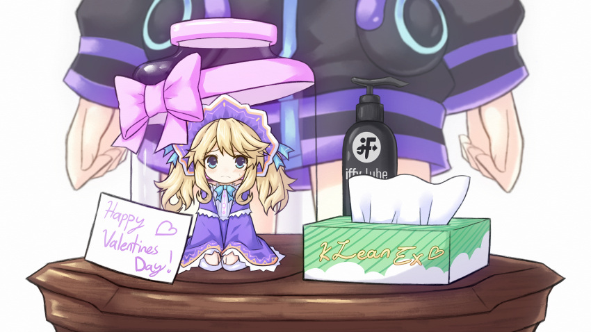 2girls adult_neptune black_jacket blonde_hair blue_eyes blush bow bowtie company_name dress embarrassed english_text frown full_body gift_wrapping hair_between_eyes happy_valentine highres histoire jacket jar kami_jigen_game_neptune_v long_hair long_sleeves looking_at_viewer lube minigirl multiple_girls neptune_(series) nervous novus_rue pun purple_dress sitting solo_focus tissue tissue_box twintails valentine white_legwear