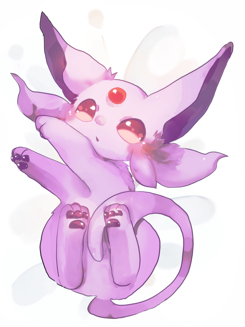 absurdres animal_focus banchiku bed_sheet blush commentary_request espeon forehead_jewel from_above full_body gen_2_pokemon highres looking_at_viewer lying no_humans on_back open_mouth pawpads pokemon pokemon_(creature) red_eyes simple_background solo white_background