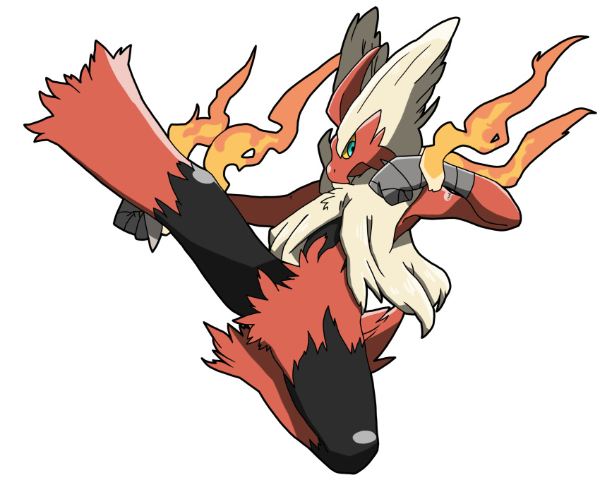 1boy absurdres arms_up bird_boy black_fur blaziken blue_eyes body_fur chizi clenched_hands colored_sclera commentary_request fire full_body furry gen_3_pokemon highres jumping kicking leg_up male_focus mega_blaziken mega_pokemon pokemon pokemon_(creature) red_fur simple_background solo spread_legs white_background yellow_fur yellow_sclera