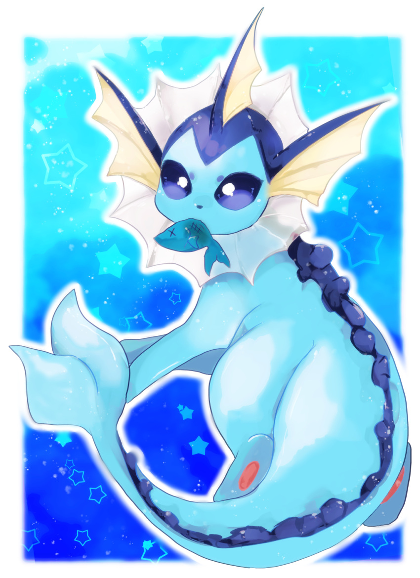 animal_focus banchiku blue_background blue_eyes blue_theme border commentary_request fang fish from_behind full_body gen_1_pokemon highres looking_back mouth_hold no_humans outline outside_border pawpads pokemon pokemon_(creature) skin_fang solo star_(symbol) starry_background vaporeon white_border white_outline x_x