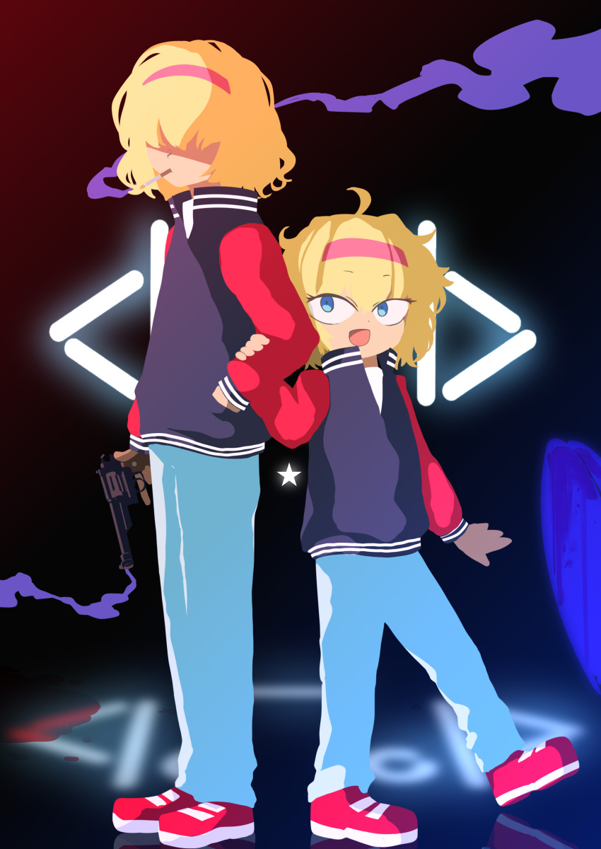 2girls :d absurdres ahoge alice_margatroid alternate_costume bangs black_jacket blonde_hair blue_eyes blue_pants caravan_palace cel_shading cigarette commentary cookie_(touhou) english_commentary eyes_visible_through_hair facing_viewer full_body gun gush_(nicoseiga86404163) hair_over_eyes hairband hand_in_pocket handgun highres holding holding_arm holding_gun holding_weapon ichigo_(cookie) jacket jigen_(cookie) letterman_jacket lone_digger long_sleeves looking_at_another looking_to_the_side multiple_girls open_mouth pants red_footwear red_hairband red_sleeves reflective_floor revolver shirt shoes short_hair smile smoke smoking smoking_gun sneakers standing star_(symbol) touhou weapon white_shirt