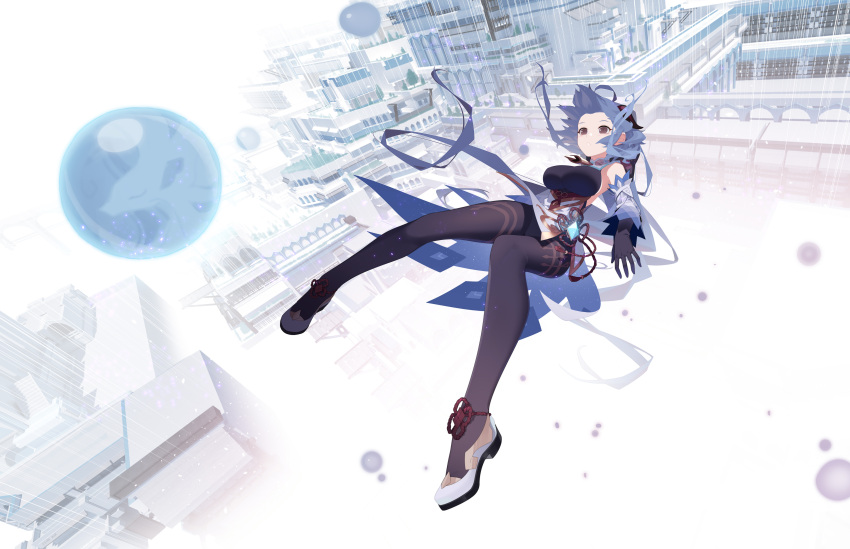 1girl :o absurdres ahoge aqua_hair bangs bare_shoulders bell black_bodysuit blush bodysuit breasts cowbell detached_sleeves falling flower_knot from_above full_body ganyu_(genshin_impact) genshin_impact gloves highres horns large_breasts long_hair qianhui shoes solo very_long_hair violet_eyes white_footwear