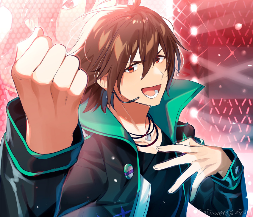 1boy absurdres ahoge amagase_touma bangs black_shirt blush brown_hair clenched_hand collarbone concert glowstick green_jacket hair_between_eyes hand_on_own_chest headset highres idol idolmaster idolmaster_(classic) idolmaster_side-m jacket jewelry looking_at_viewer male_focus miyukiyo monitor necklace open_mouth red_eyes shirt signature smile solo stage_lights sweat upper_body