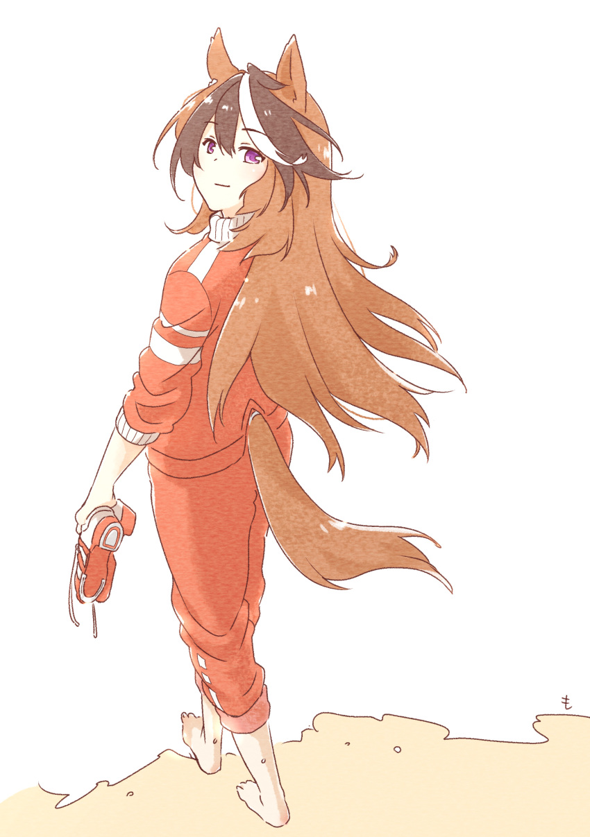 1girl absurdres animal_ears barefoot brown_hair earrings highres horse_ears horse_girl horse_tail jacket jewelry long_hair looking_at_viewer looking_back mon_momu multicolored_hair pants red_footwear red_jacket red_pants school_uniform shoes shoes_on_hands shoes_removed solo symboli_rudolf_(umamusume) tail umamusume violet_eyes white_jacket