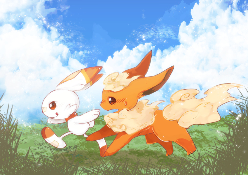 animal_focus banchiku blonde_hair blue_sky blush brown_eyes closed_mouth clouds commentary_request day fang flareon fluffy from_side full_body gen_1_pokemon gen_8_pokemon grass happy licking_lips light_blush no_humans nose_blush open_mouth outdoors pokemon pokemon_(creature) profile red_eyes running scorbunny short_hair sky smile sweat tongue tongue_out