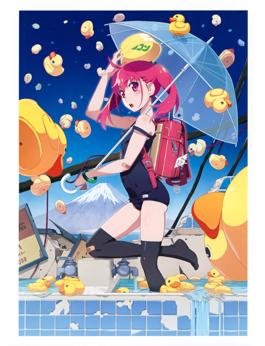 1girl absurdres backpack bag bag_charm bandaged_arm bandages bandaid bandaid_on_clothes bandaid_on_knee bangs bath bathhouse black_legwear blush bracelet bucket charm_(object) hair_tie highres holding holding_bucket holding_umbrella jewelry looking_at_viewer looking_to_the_side mount_fuji one-piece_swimsuit open_mouth original red_eyes redhead rubber_duck school_swimsuit solo swimsuit thigh-highs tiles twintails umbrella watanabe_akio