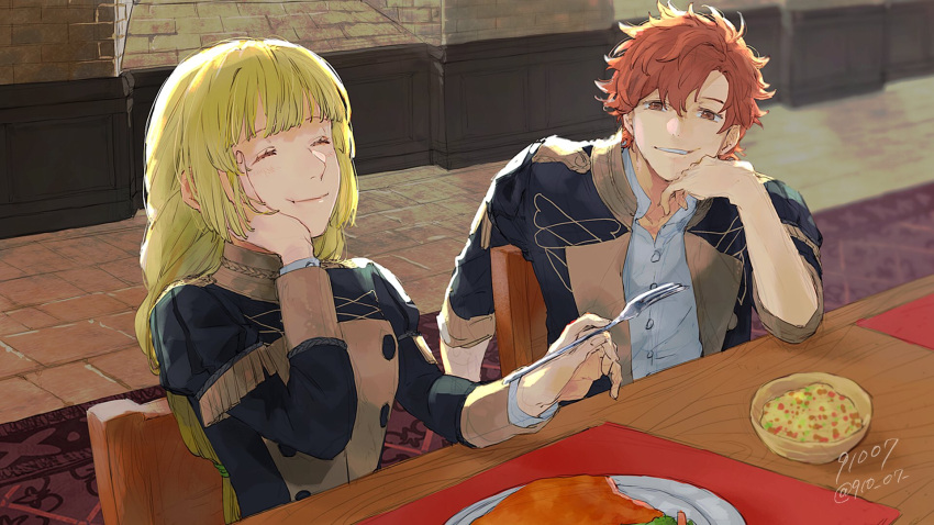 1boy 1girl 91007 :t artist_name black_jacket blonde_hair blush bowl braid braided_ponytail chair closed_eyes closed_mouth commentary eating eyebrows_visible_through_hair fire_emblem fire_emblem:_three_houses food fork garreg_mach_monastery_uniform grin hair_between_eyes hand_on_own_cheek hand_on_own_chin hand_on_own_face head_rest highres holding holding_fork indoors ingrid_brandl_galatea jacket long_hair long_sleeves looking_at_viewer orange_eyes orange_hair plate rug shirt short_hair signature sitting sleeves_rolled_up smile stone_floor stone_wall sunlight sylvain_jose_gautier twitter_username upper_body wall wavy_hair white_shirt wooden_chair wooden_table