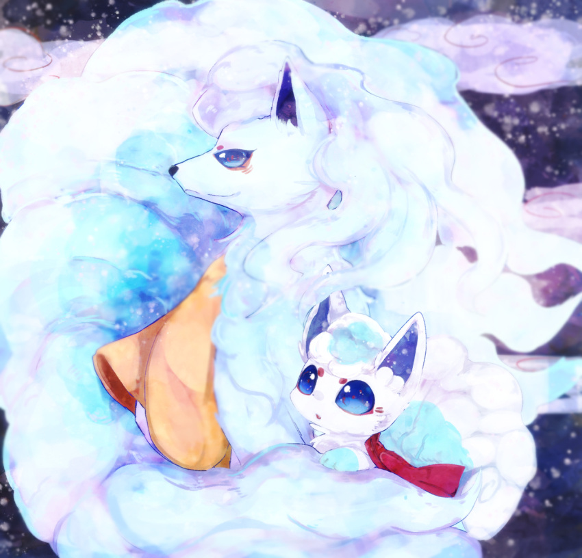 alolan_form alolan_ninetales alolan_vulpix animal_focus banchiku blue_eyes blue_hair blurry blurry_background closed_mouth clothed_pokemon commentary_request fang fluffy gen_7_pokemon highres long_hair no_humans open_mouth orange_scarf pokemon pokemon_(creature) profile red_scarf scarf short_hair white_hair