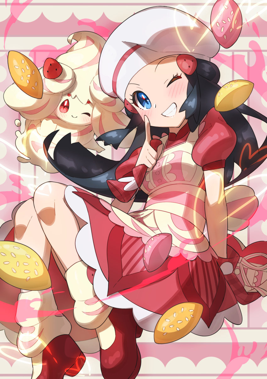 1girl absurdres alcremie alcremie_(strawberry_sweet) apron black_hair blue_eyes blush clenched_teeth commentary_request hikari_(pokemon) dress eyelashes floating_hair gen_8_pokemon grin hand_up heart highres index_finger_raised leg_warmers long_hair one_eye_closed pokemon pokemon_(creature) pokemon_(game) pokemon_masters_ex red_footwear shoes short_sleeves smile taisa_(lovemokunae) teeth