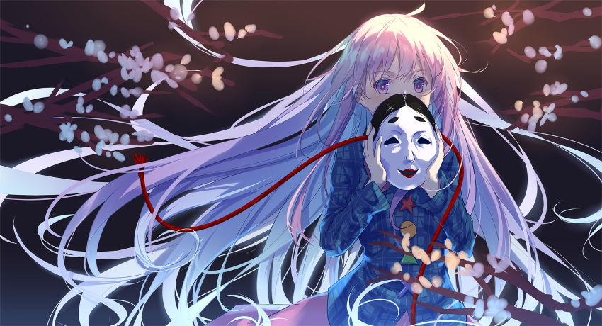 1girl backlighting bangs blue_shirt blurry_foreground cherry_blossoms circle colored_eyelashes constricted_pupils covering_mouth eyebrows_visible_through_hair floating_hair hair_between_eyes hata_no_kokoro highres holding holding_mask katee long_hair long_sleeves looking_at_viewer mask noh_mask pink_hair pink_skirt plaid plaid_shirt reflective_eyes shiny shiny_hair shiny_skin shirt skirt solo star_(symbol) touhou tree_branch triangle untucked_shirt upper_body very_long_hair violet_eyes wind