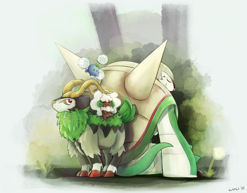 :3 artist_name bush chesnaught closed_eyes closed_mouth commentary dandelion dated english_commentary flower from_behind full_body gen_2_pokemon gen_5_pokemon gen_6_pokemon gogoat grass happy highres jumpluff little_grey_wolf looking_back no_humans outdoors pokemon pokemon_(creature) red_eyes signature sitting smile standing whimsicott