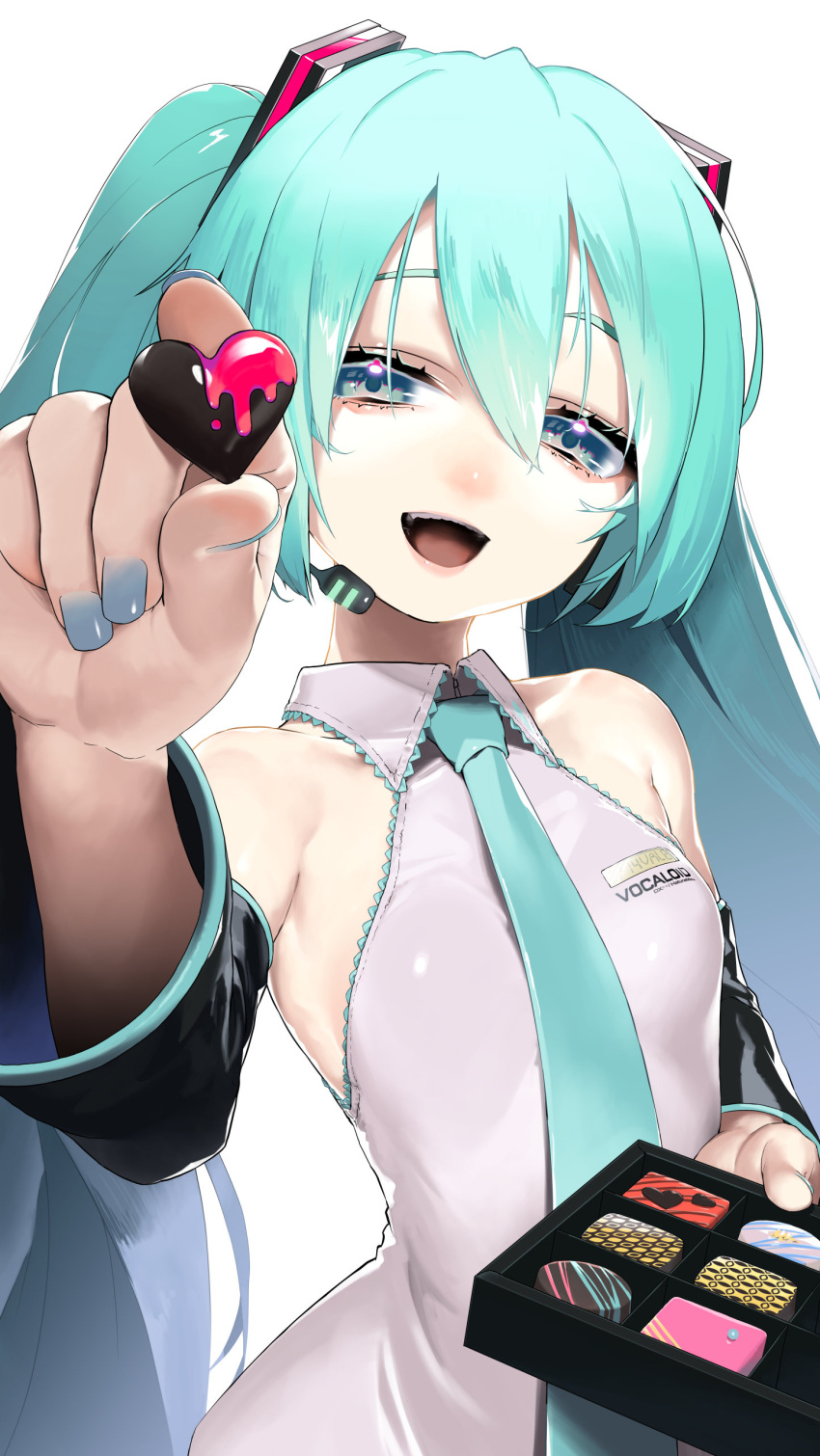1girl absurdres aqua_eyes aqua_hair aqua_neckwear bangs blue_nails box_of_chocolates breasts chocolate collared_shirt detached_sleeves grey_shirt hair_between_eyes hatsune_miku highres long_hair long_sleeves looking_at_viewer microphone necktie open_mouth rsk_(tbhono) shirt simple_background small_breasts smile solo twintails upper_body valentine vocaloid white_background