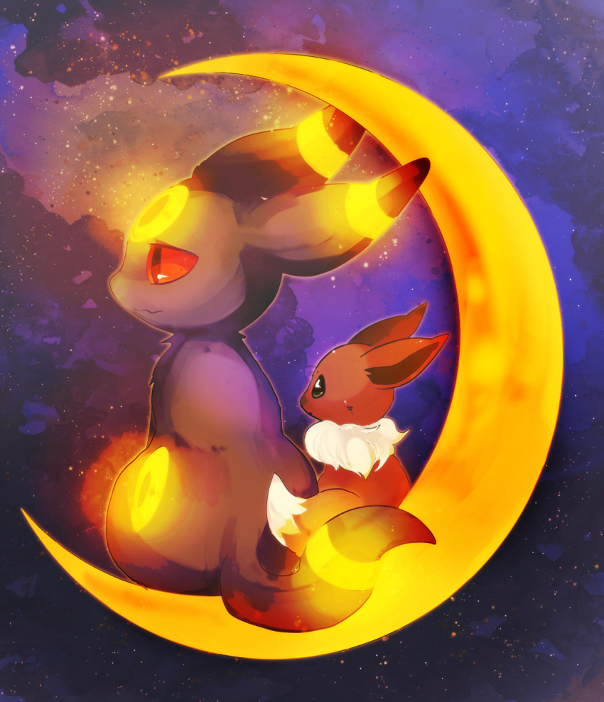 :3 animal_focus banchiku black_eyes closed_mouth colored_sclera commentary_request crescent_moon eevee fluffy from_behind full_body gen_1_pokemon gen_2_pokemon glowing highres jpeg_artifacts looking_to_the_side moon neon_trim night no_humans outdoors outline pokemon pokemon_(creature) purple_background red_sclera sideways_mouth sitting sitting_on_moon sky star_(sky) starry_sky umbreon yellow_outline