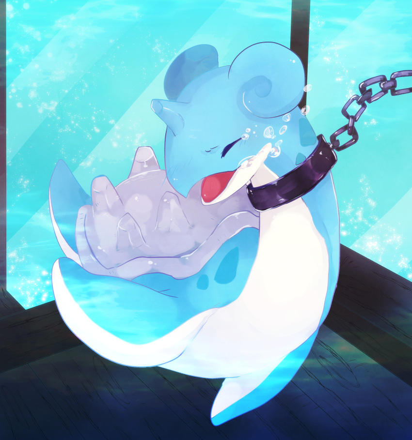 absurdres animal_focus banchiku blue_theme blush bound bubble chain closed_eyes commentary_request crying cuffs full_body gen_1_pokemon glass highres lapras light_blush no_humans nose_blush open_mouth pokemon pokemon_(creature) sad shackles solo tears tied_up underwater