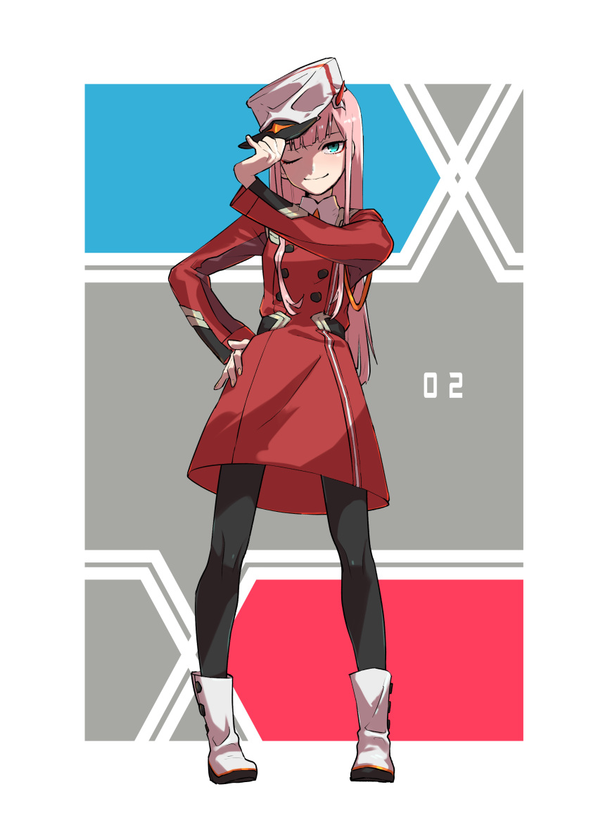 1girl ;) absurdres adjusting_clothes adjusting_headwear aqua_eyes bangs black_legwear boots buttons character_name closed_mouth coat darling_in_the_franxx double-breasted eyebrows_behind_hair eyelashes eyeliner facing_viewer fingernails full_body hairband hand_on_headwear hand_on_hip hand_up hat highres horns legs_apart long_hair long_sleeves looking_at_viewer makeup one_eye_closed oni_horns pantyhose pink_hair red_coat red_horns sidelocks smile solo standing straight_hair very_long_hair white_footwear white_hairband white_headwear zero_two_(darling_in_the_franxx)