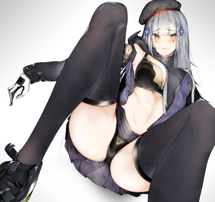 1girl ass bangs beret black_bra black_headwear black_legwear black_panties black_sweater blunt_bangs blush bra breasts closed_mouth commentary ekuesu eyebrows_visible_through_hair facial_mark foot_out_of_frame girls_frontline gloves green_eyes hair_ornament hat hk416_(girls_frontline) jacket knees_up large_breasts long_hair long_sleeves looking_at_viewer lying navel on_back open_clothes open_jacket panties pleated_skirt purple_jacket purple_skirt shoes silver_background silver_hair simple_background skirt solo spread_legs sweater teardrop thigh-highs thighs underwear white_gloves