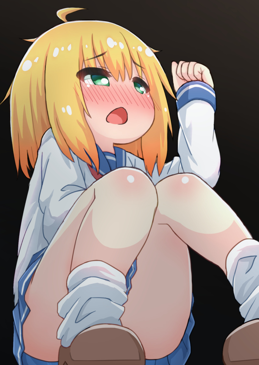 1girl ahoge bangs bibi_(bibi47881139) black_background blonde_hair blue_sailor_collar blue_skirt blush brown_footwear child clenched_hand commentary embarrassed english_commentary eyebrows_visible_through_hair flat_chest gradient gradient_background green_eyes half-closed_eyes hand_up have_to_pee highres knees_together_feet_apart knees_up long_sleeves loose_socks miniskirt nose_blush open_mouth original pleated_skirt sailor_collar school_uniform serafuku shiny shiny_hair shirt shoes short_hair simple_background sitting skirt socks solo white_legwear white_shirt