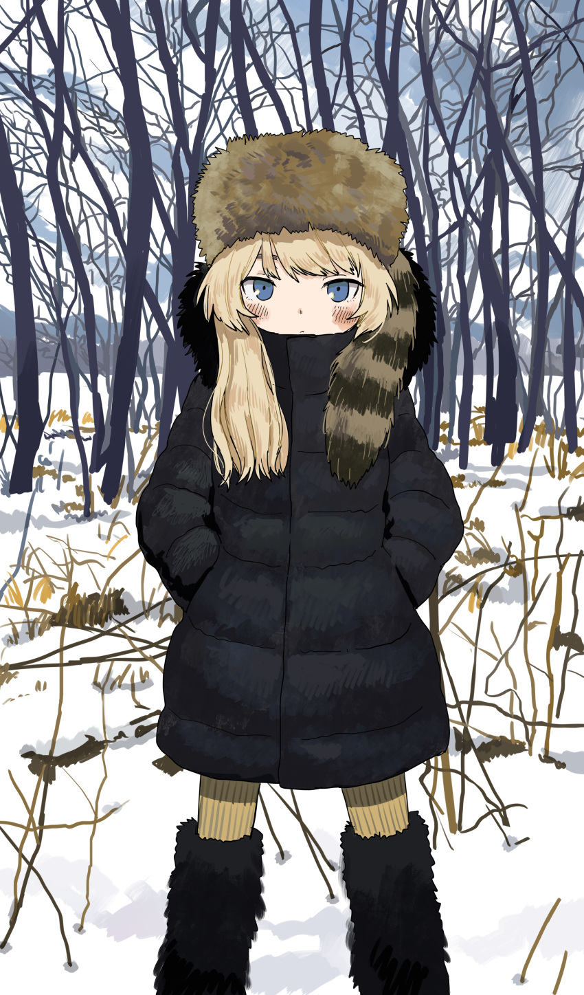 1girl absurdres bangs black_coat blonde_hair blue_eyes blush coat feet_out_of_frame fur_hat hands_in_pockets hat highres horizon long_hair looking_at_viewer original outdoors snow solo tree winter zinbei