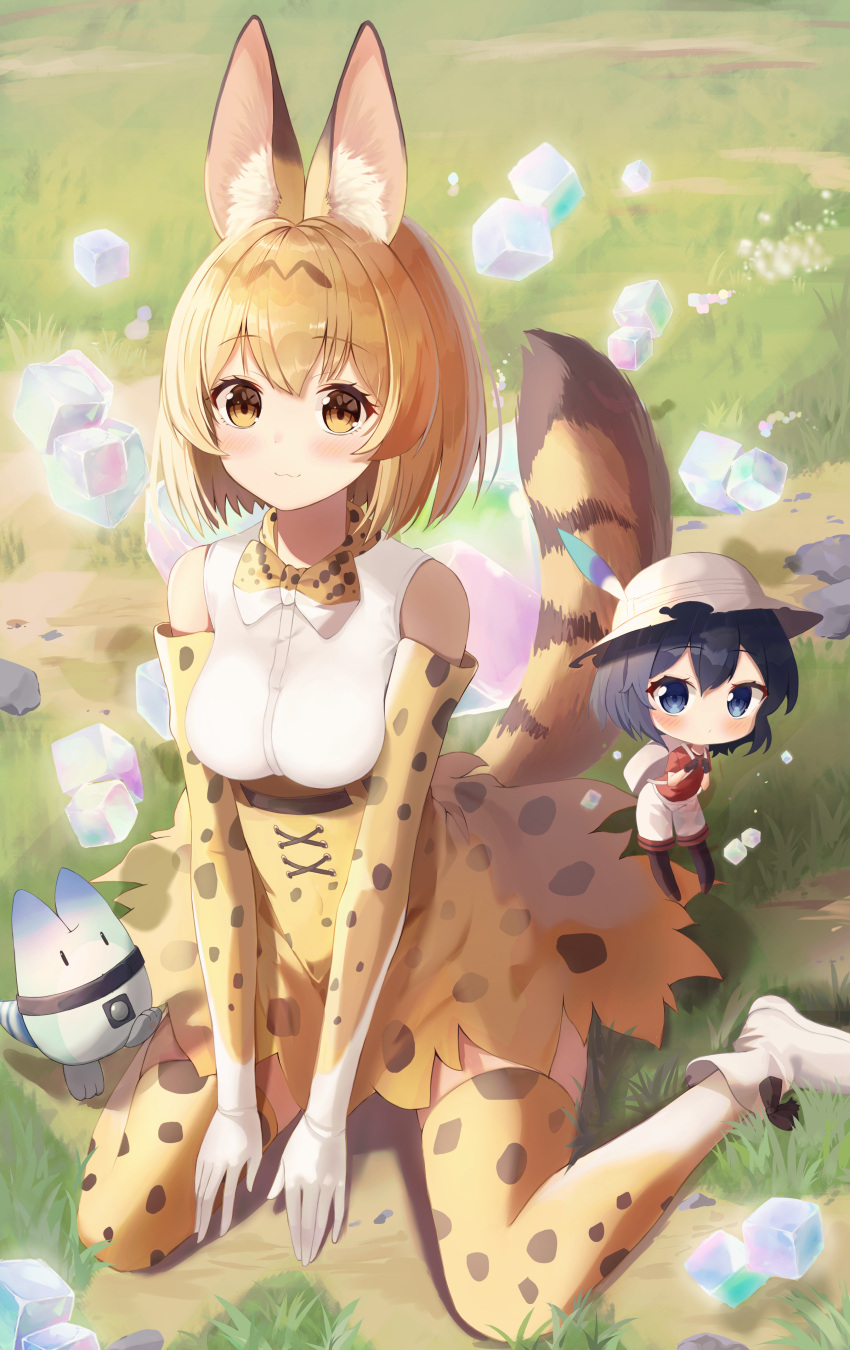 2girls absurdres animal_ears backpack bag bangs bare_shoulders bitseon black_hair black_legwear blonde_hair blush breasts brown_hairband chibi closed_mouth commentary day eyebrows_visible_through_hair gloves grass hairband hat_feather helmet high-waist_skirt highres holding_strap huge_filesize kaban_(kemono_friends) kemono_friends looking_at_viewer lucky_beast_(kemono_friends) medium_breasts multiple_girls on_ground orange_eyes orange_gloves orange_legwear orange_neckwear orange_skirt outdoors pith_helmet print_gloves print_legwear print_neckwear print_skirt red_shirt sandstar serval_(kemono_friends) serval_ears serval_girl serval_print serval_tail shadow shiny shiny_hair shirt short_hair shorts sitting skirt sleeveless sleeveless_shirt smile striped_tail tail thigh-highs wariza white_footwear white_shirt