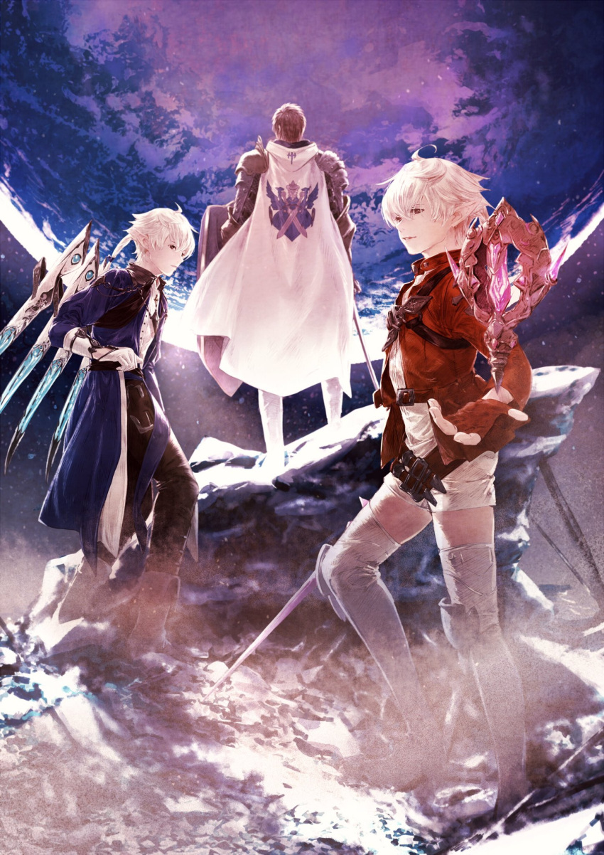 adventurer_(ff14) alisaie_leveilleur alphinaud_leveilleur armor back cape crystal emblem ff14yonah final_fantasy final_fantasy_xiv fingerless_gloves floating_weapon gloves highres jacket looking_at_viewer looking_back paladin_(final_fantasy) planet pointy_ears red_gloves red_jacket red_mage rock sage_(final_fantasy) shield short_hair silver_hair space standing sword thigh-highs weapon white_gloves white_legwear