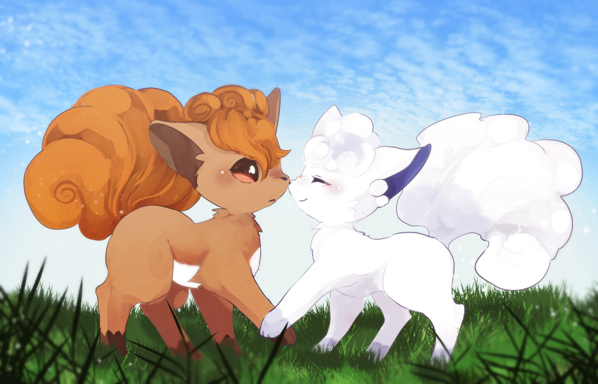 ^_^ absurdres alolan_form alolan_vulpix animal_focus banchiku bangs blue_sky blurry_foreground blush brown_eyes closed_eyes closed_mouth clouds commentary_request day from_side full_body gen_1_pokemon gen_7_pokemon grass happy highres holding_hands no_humans nose_blush noses_touching open_mouth outdoors pokemon pokemon_(creature) profile redhead short_hair sky smile standing vulpix white_hair