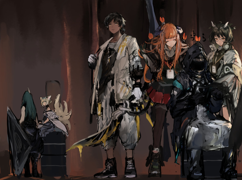 1boy 1other 4girls absurdres animal_ears arknights armband bagpipe_(arknights) barrel black_coat black_footwear black_gloves black_hair black_legwear black_pants black_vest blonde_hair brown_hair cloak closed_eyes closed_mouth clothes_around_waist coat collared_shirt cross-laced_footwear dark_skin dark_skinned_male doctor_(arknights) dragon_horns feather_hair fox_ears fox_tail full_body glasses gloves green_eyes green_hair hairband hand_on_hip hannya_(arknights) highres holding holding_shield holding_sword holding_weapon hooded_coat horns hoshiguma_(arknights) jacket koba_(jdhikdjdkfiwufh) lanyard long_hair looking_at_viewer mask miniskirt multiple_girls multiple_tails oni_horns open_clothes open_jacket orange_eyes orange_hair pants pantyhose pleated_skirt red_skirt rhine_lab_logo shield shirt shoes short_hair silence_(arknights) single_horn sitting sitting_on_object skirt sleeveless sleeveless_shirt smile sneakers standing suzuran_(arknights) sword tail thorns_(arknights) vest weapon white_cloak white_coat white_gloves white_jacket white_pants white_shirt yellow_eyes