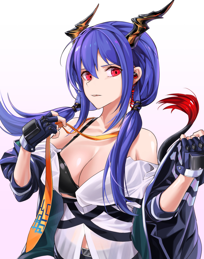 1girl absurdres arknights bangs bare_shoulders belt black_bra blue_gloves blue_hair blue_jacket bra bra_strap ch'en_(arknights) eyebrows_visible_through_hair fingerless_gloves gloves hair_ornament hands_up headphones highres horns jacket jacket_pull long_hair looking_at_viewer open_clothes open_jacket open_mouth red_eyes rivet_vvrn shirt shirt_pull solo tail twintails underwear white_background white_shirt