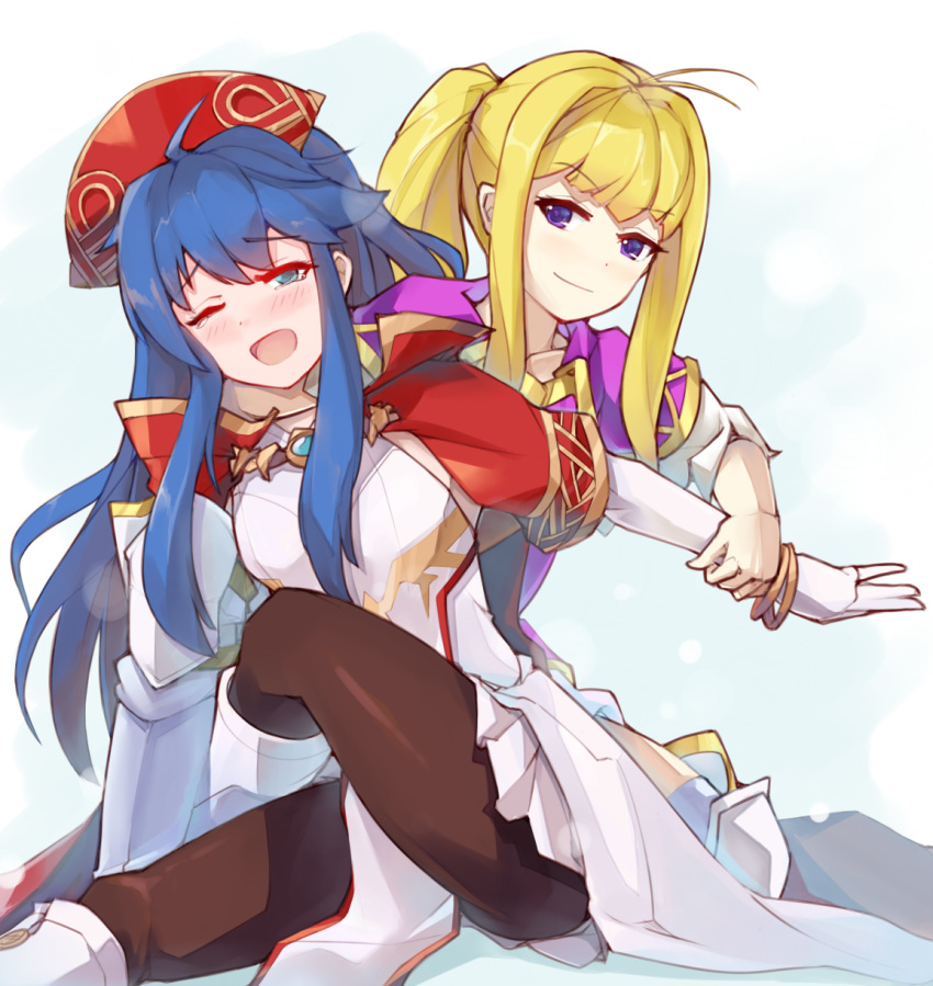 2girls ahoge bangs blonde_hair blue_eyes blue_hair blush bracelet clarine_(fire_emblem) fire_emblem fire_emblem:_the_binding_blade full_body gloves highres jaegan jewelry lilina_(fire_emblem) long_hair multiple_girls one_eye_closed ponytail wrestling