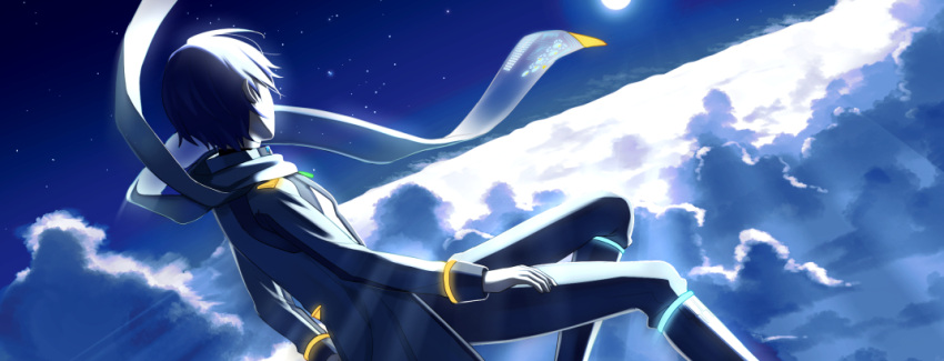 1boy above_clouds backlighting blue_footwear blue_hair blue_pants blue_scarf boots clouds coat commentary floating from_behind kaito kaito_(vocaloid3) knee_boots male_focus neon_trim nokuhashi pants scarf star_(sky) sun vocaloid white_coat
